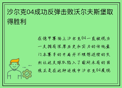 沙尔克04成功反弹击败沃尔夫斯堡取得胜利